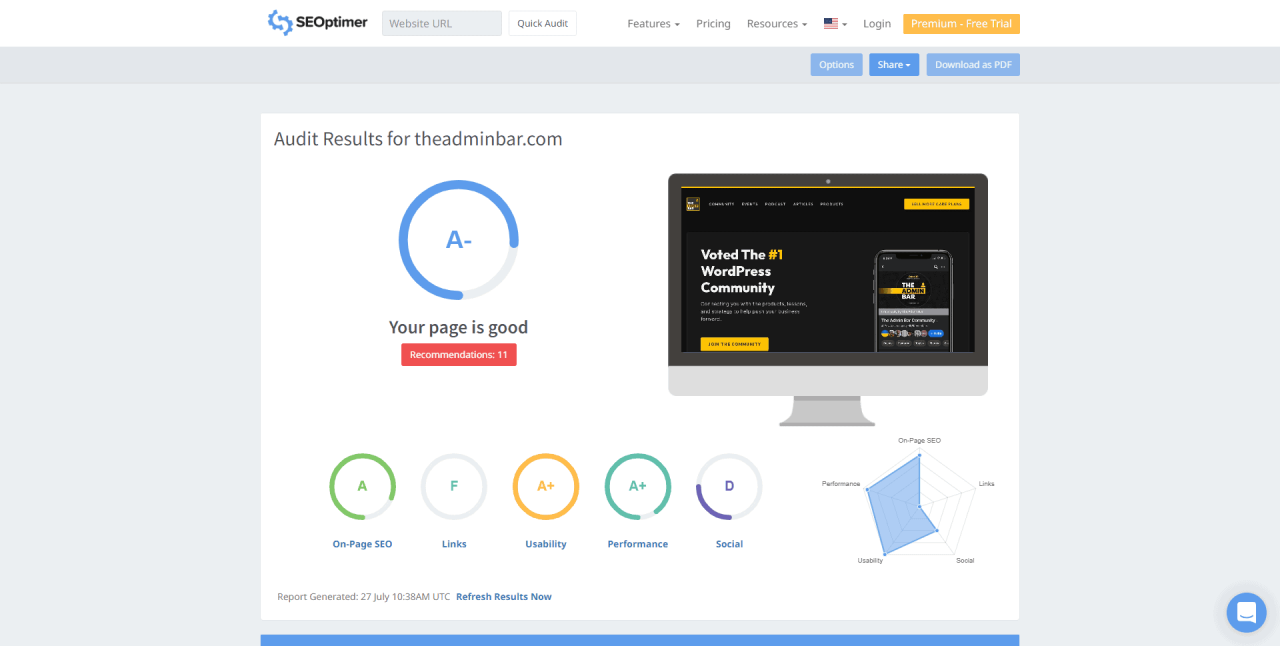 A screenshot of the SEOptimer test results.