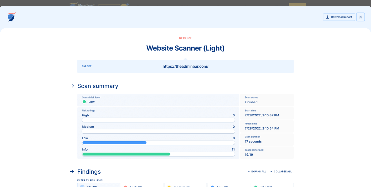 A screenshot of the Pintest scanner tool results.