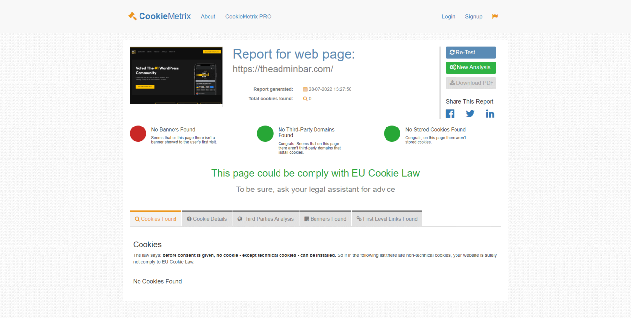 A screenshot of the results using the COokieMetrix Website.