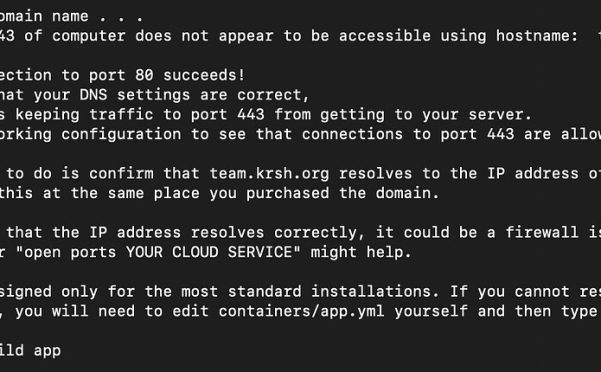 Discourse 安装时提示: WARNING: Port 443 of computer does not appear to be accessible using hostname